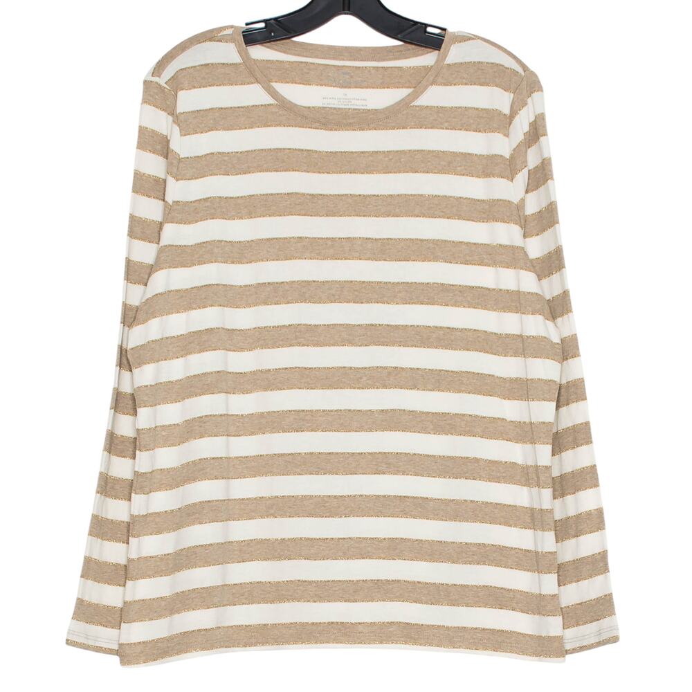Talbots Top Coastal Nautical Minimalist Preppy Metallic Stripe Ivory Brown 1X